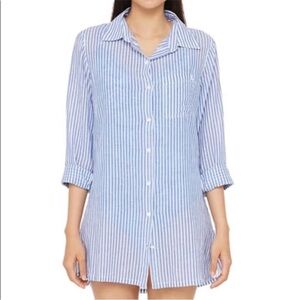 Lauren Ralph Lauren 100% Cotton Blue And White Striped Swim Coverup Shirt Medium